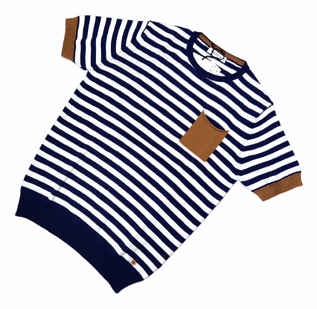 イタオヤの夏の定番ニットT！【 MANUEL RITZ / マヌエルリッツ (伊 】洒脱なベージュ黄×濃紺の ボーダーニットTシャツ S