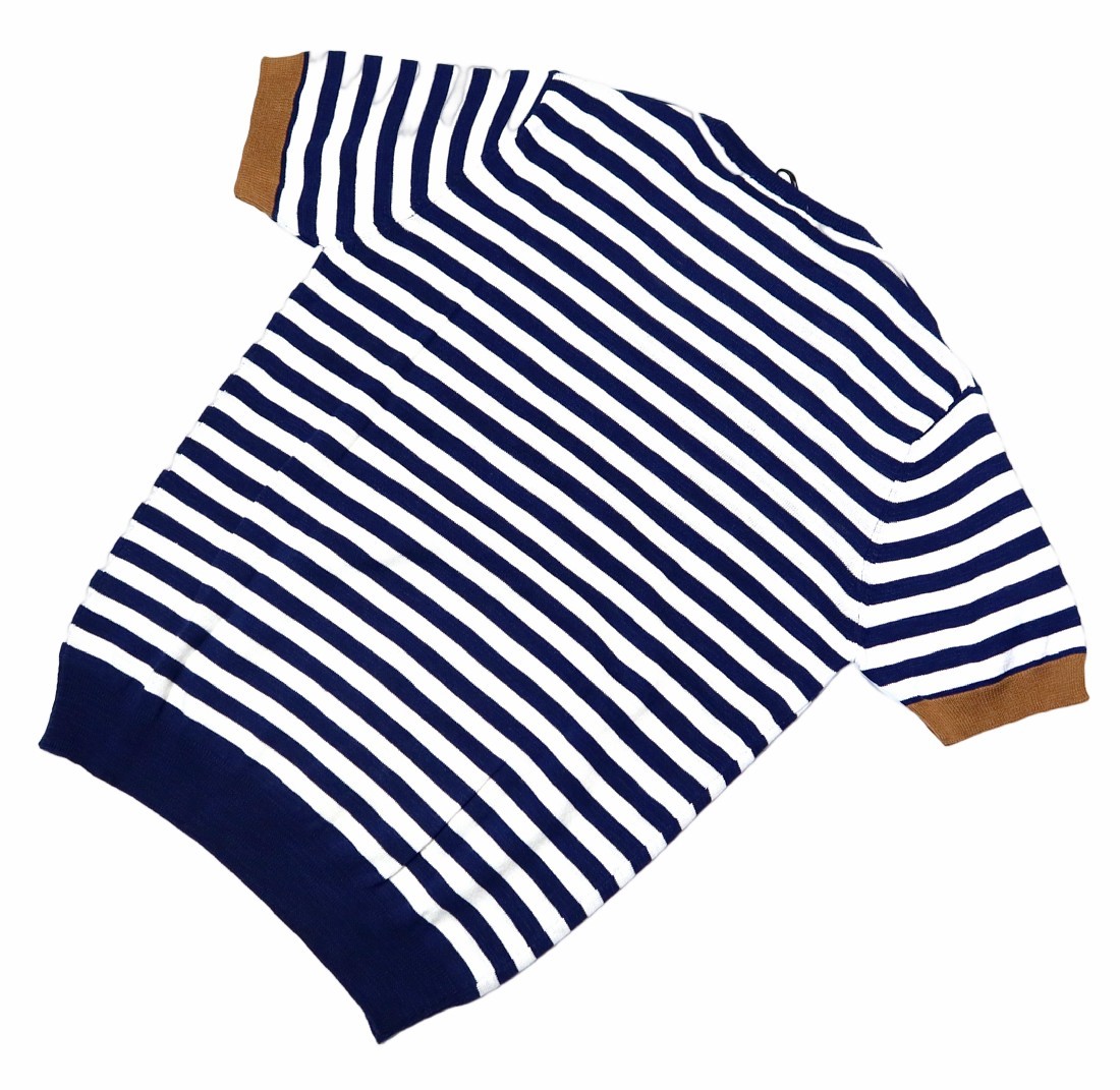 イタオヤの夏の定番ニットT！【 MANUEL RITZ / マヌエルリッツ (伊 】洒脱なベージュ黄×濃紺の ボーダーニットTシャツ S