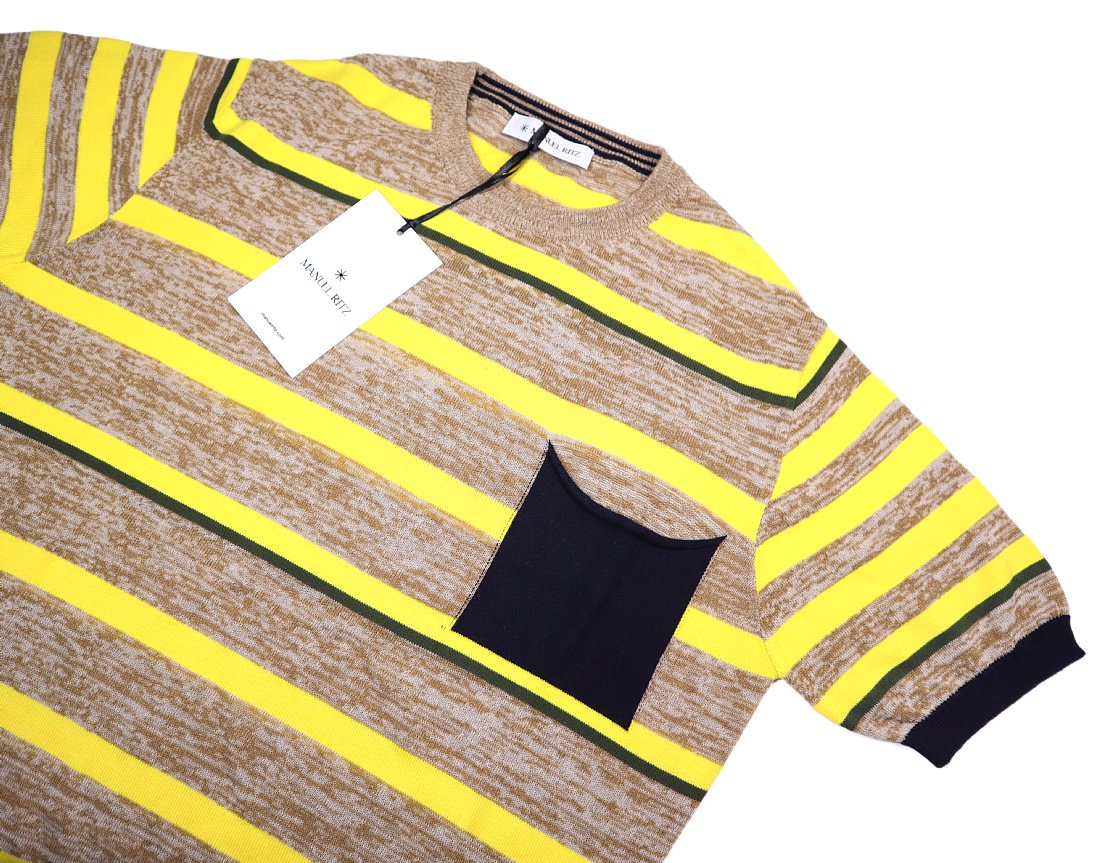 イタオヤの夏の定番ニットT！【 MANUEL RITZ / マヌエルリッツ (伊 】洒脱なベージュ黄×濃紺の ボーダーニットTシャツ S