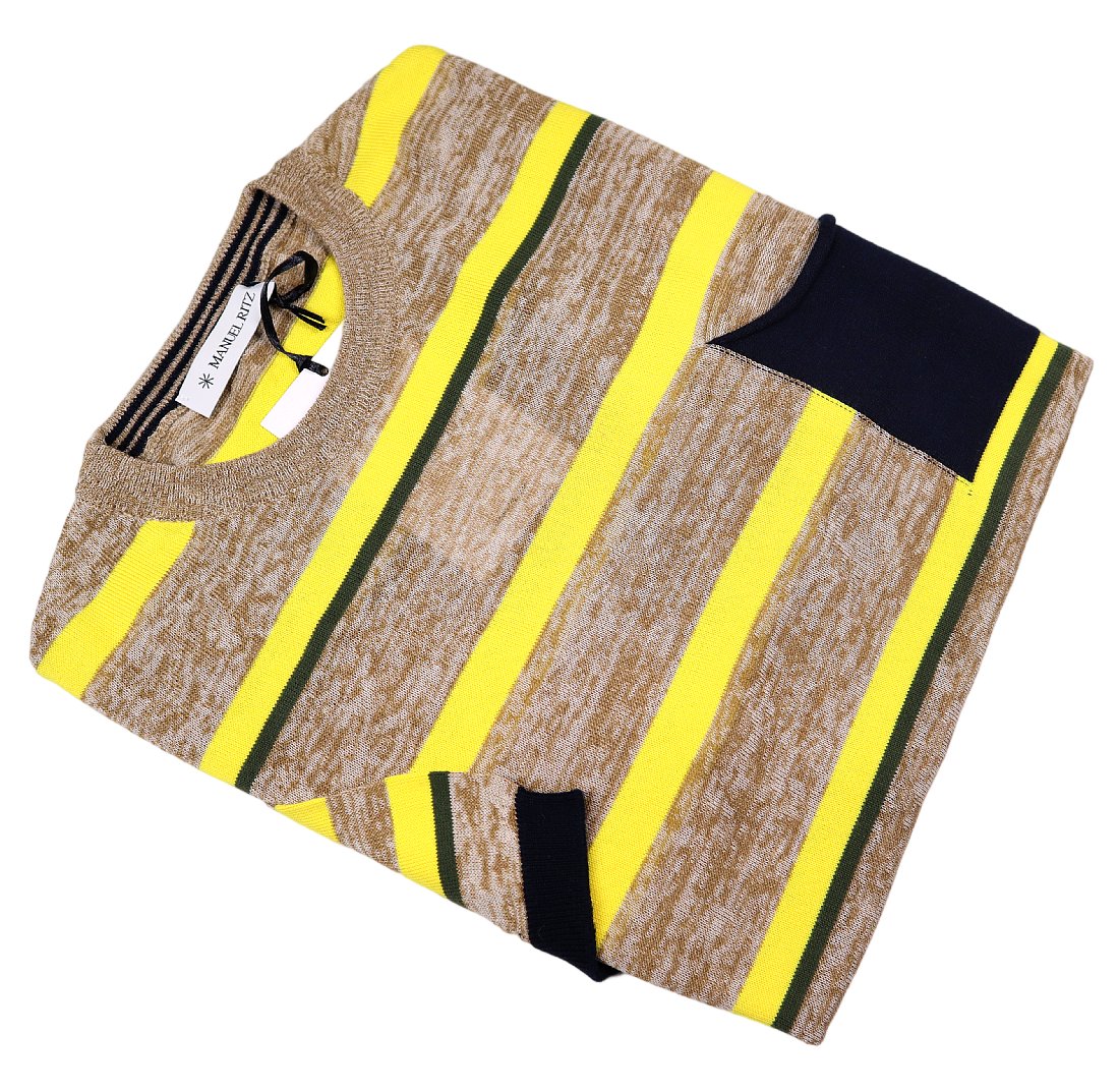 イタオヤの夏の定番ニットT！【 MANUEL RITZ / マヌエルリッツ (伊 】洒脱なベージュ黄×濃紺の ボーダーニットTシャツ S